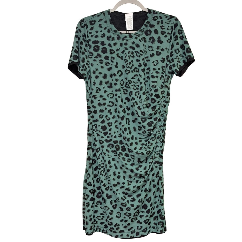 Cabi Teal Black Dress Medium Reversible Leopard Ruched Mesh Sheath Animal Print - Picture 2 of 7